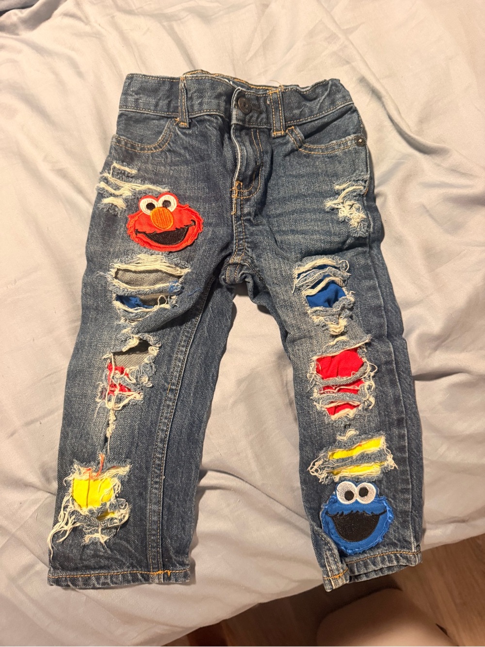 Kids Distressed Denim Jeans with Sesame Street Patches - Blue